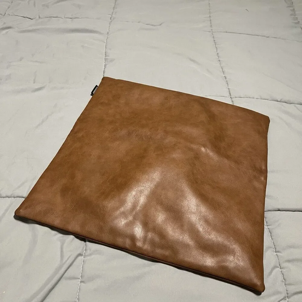 Homefiner Vegan Faux Leather Pillow Case Cognac Brown Throw 17